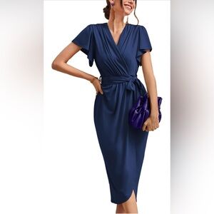 2024 Cocktail Dresses Ruffle Sleeve V Neck Wrap Dress Midi Dress without Belt